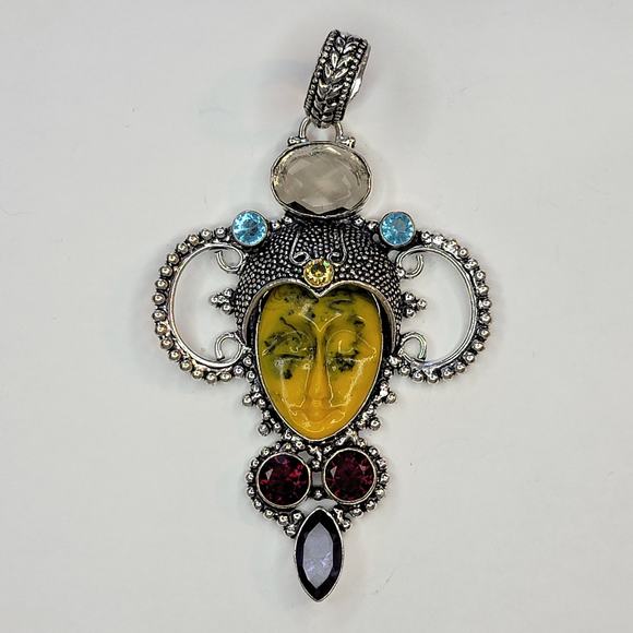 Sterling Silver Pendant with Yellow Carved Face and Multi-Gem Accents - Picture 2 of 11